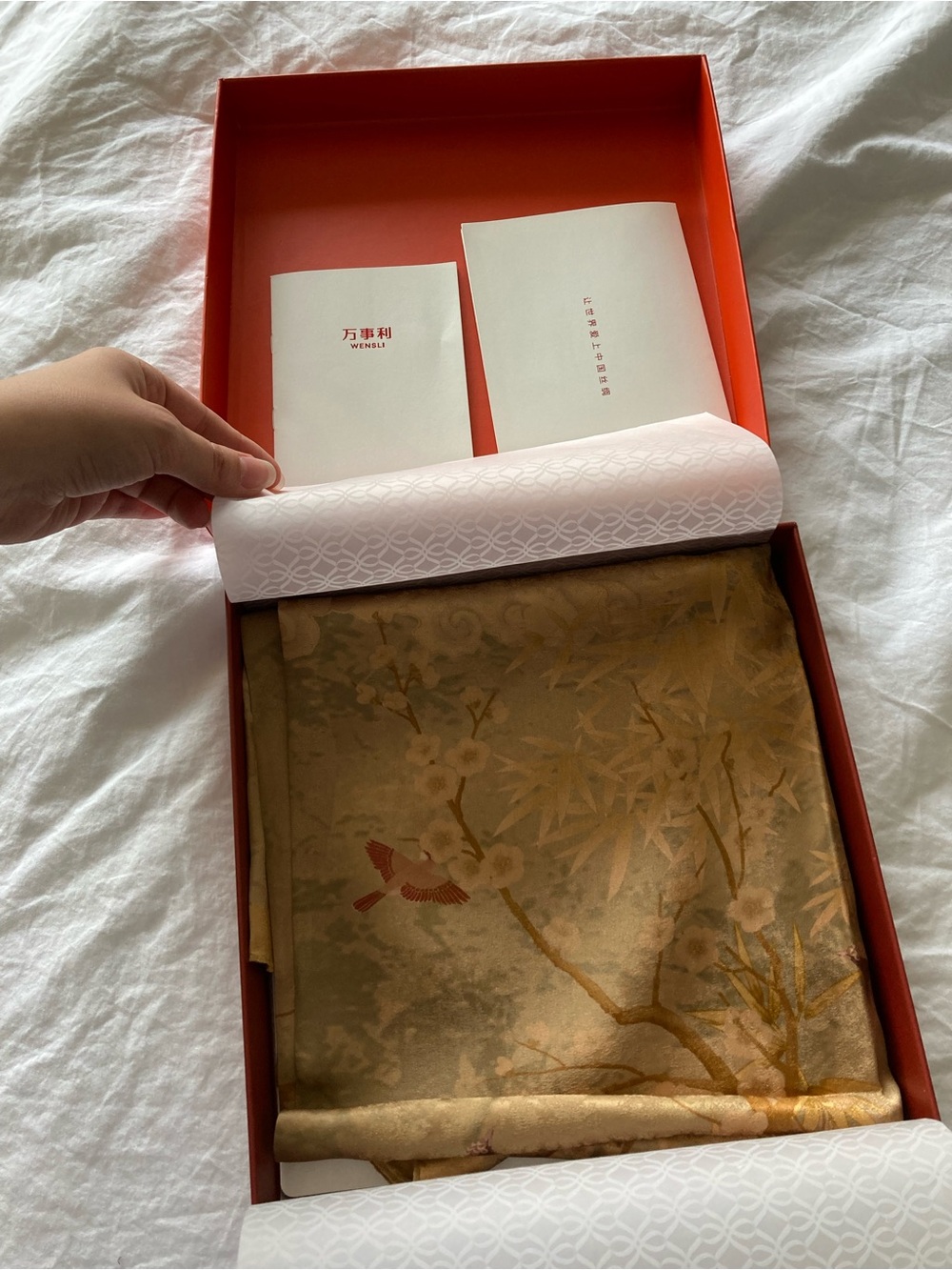 Silk Floral & Bird Square Scarf in Gold